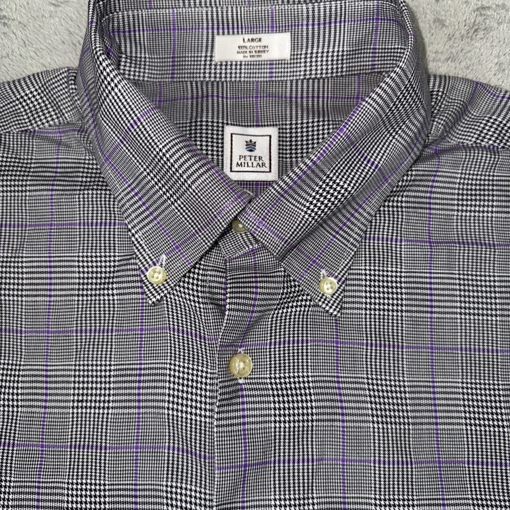 Peter Millar Black White Purple Windowpane Houndstooth Button Down Shirt Large‎